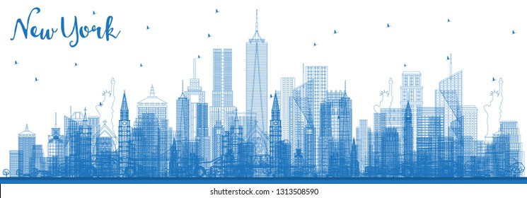 Outline New York USA City Skyline with Blue Buildings. Vector Illustration. Business Travel and Tourism Concept with Modern Architecture. New York Cityscape with Landmarks.