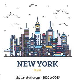 Outline New York USA City Skyline with Modern Colored Buildings Isolated on White. Vector Illustration. New York Cityscape with Landmarks.