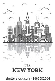 Outline New York USA City Skyline with Modern Buildings and Reflections Isolated on White. Vector Illustration. New York Cityscape with Landmarks.