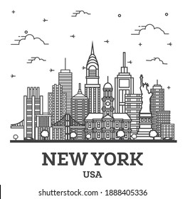 Esbozar el horizonte de Nueva York Estados Unidos con edificios modernos aislados en blanco. Ilustración vectorial. El paisaje urbano de Nueva York con monumentos.