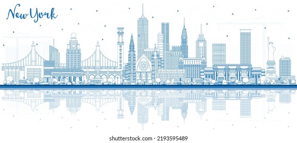 Outline New York USA City Skyline with Blue Buildings and Reflections. Vector Illustration. New York Cityscape with Landmarks. Business Travel and Tourism Concept with Modern Architecture.