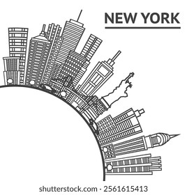 Outline New York USA City Skyline with Modern Buildings and copy space Isolated on White. Vector Illustration. New York Cityscape with Landmarks.