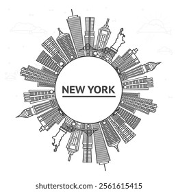 Outline New York USA City Skyline with Modern Buildings and copy space Isolated on White. Vector Illustration. New York Cityscape with Landmarks.