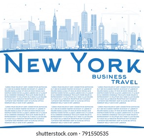 Outline New York USA City Skyline with Blue Buildings and Copy Space. Vector Illustration. Business Travel and Tourism Concept with Modern Architecture. New York Cityscape with Landmarks.