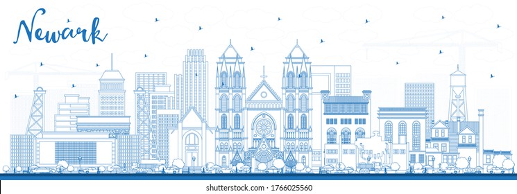 Outline Newark New Jersey City Skyline with Blue Buildings. Vector Illustration. Newark Cityscape with Landmarks. Business Travel and Tourism Concept with Modern Architecture.