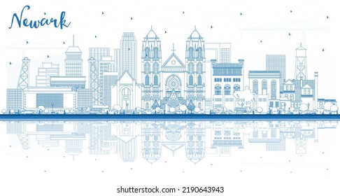 Outline Newark New Jersey City Skyline with Blue Buildings and Reflections. Vector Illustration. Newark Cityscape with Landmarks. Business Travel and Tourism Concept with Modern Architecture.