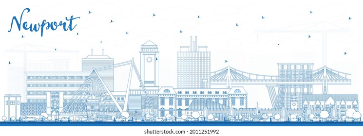 Outline Newport Wales City Skyline with Blue Buildings. Vector Illustration. Newport UK Cityscape with Landmarks. Business Travel and Tourism Concept with Historic Architecture.