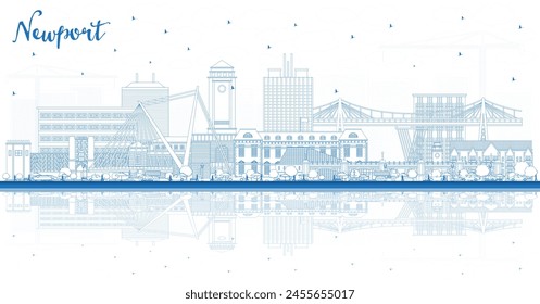 Outline Newport Wales City Skyline with Blue Buildings and reflections. Vector Illustration. Newport UK Cityscape with Landmarks. Business Travel and Tourism Concept with Historic Architecture.