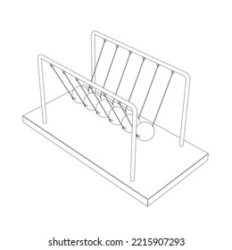 Outline of Newton's kinetic pendulum from black lines isolated on white background. Isometric view. 3D. Vector illustration.