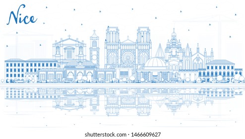 Outline Nice France City Skyline with Blue Buildings and Reflections. Vector Illustration. Business Travel and Concept with Historic Architecture. Nice Cityscape with Landmarks. 