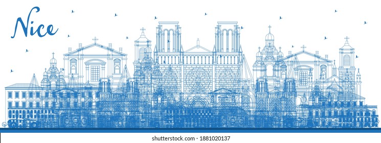 Outline Nice France City Skyline with Blue Buildings. Vector Illustration. Business Travel and Concept with Historic Architecture. Nice Cityscape with Landmarks. 