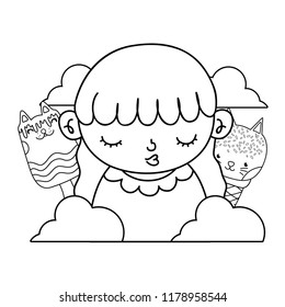outline nice girl with kawaii cats donuts and ice cream