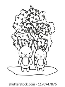 outline nice rabbit couple animal and tree