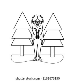 outline nice woman with glasses and clothes with pine trees
