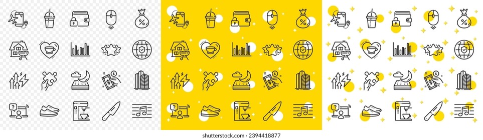 Outline Night mattress, Star and Puzzle line icons pack for web with Coffee maker, Flights application, Global insurance line icon. Bar diagram, Home grill, Shoes pictogram icon. Vector