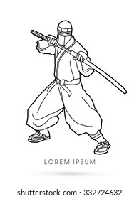 Outline Ninja and sword graphic vector.