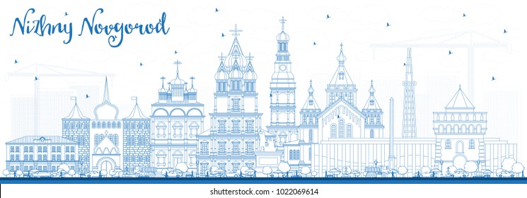 Outline Nizhny Novgorod Russia City Skyline with Blue Buildings. Vector Illustration. Business Travel and Tourism Concept with Historic Architecture. Nizhny Novgorod Cityscape with Landmarks.