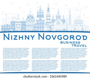 Outline Nizhny Novgorod Russia City Skyline with Blue Buildings and Copy Space. Vector Illustration. Travel and Tourism Concept with Historic Architecture. Nizhny Novgorod Cityscape with Landmarks.