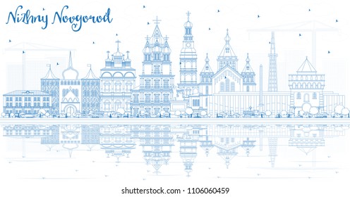Outline Nizhny Novgorod Russia City Skyline with Blue Buildings and Reflections. Vector Illustration. Travel and Tourism Concept with Historic Architecture. Nizhny Novgorod Cityscape with Landmarks.