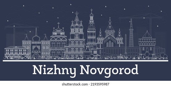 Outline Nizhny Novgorod Russia City Skyline with White Buildings. Vector Illustration. Business Travel and Tourism Concept with Historic Architecture. Nizhny Novgorod Cityscape with Landmarks.