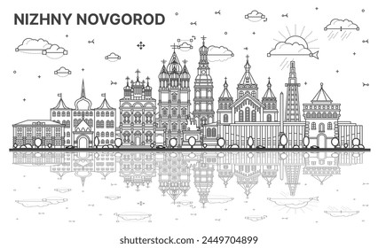 Outline Nizhny Novgorod Russia city skyline with modern, historic buildings and reflections isolated on white. Vector illustration. Nizhny Novgorod cityscape with landmarks.