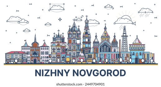 Outline Nizhny Novgorod Russia city skyline with colored modern and historic buildings isolated on white. Vector illustration. Nizhny Novgorod cityscape with landmarks.