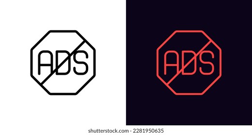 Outline no Ads icon, with editable stroke. Ad ban sign, prohibited advertising pictogram. Ads skip and block, social media content without advertising, anti adware, stop Ad. Vector icon for Animation