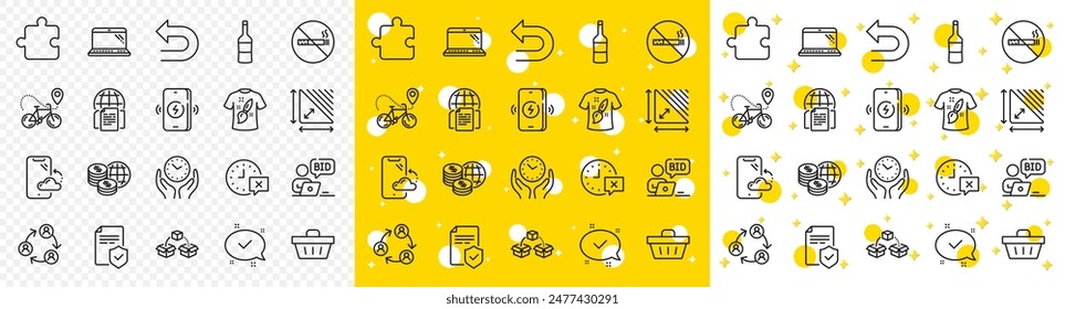 Outline No smoking, Triangle area and Online auction line icons pack for web with T-shirt design, Shopping basket, Time line icon. Puzzle, World money, Internet documents pictogram icon. Vector