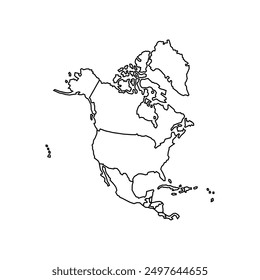 Outline North America isolated map on white background. High detailed, with country set. Include USA, Canada, Mexico, Cuba, Guatemala, Haiti, Dominican Republic, Honduras, Nicaragua.