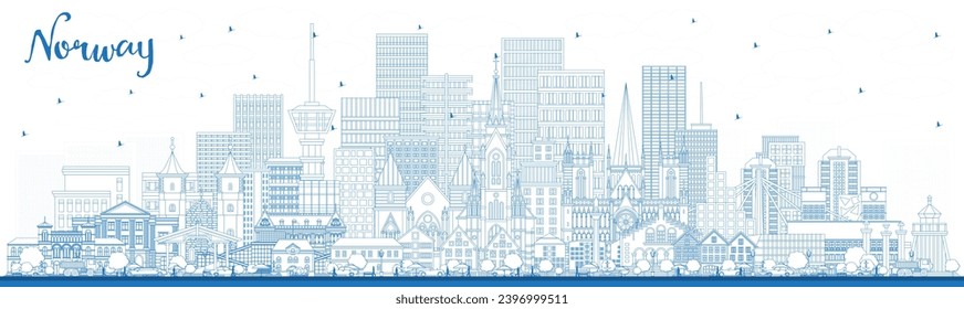 Outline Norway city skyline with blue buildings. Vector illustration. Concept with historic and modern architecture. Norway cityscape with landmarks. Oslo. Stavanger. Trondheim. Bergen.