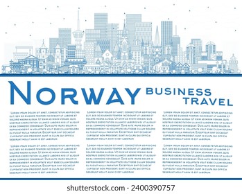 Outline Norway city skyline with blue buildings and copy space. Vector illustration. Concept with historic and modern architecture. Norway cityscape with landmarks. Oslo. Stavanger. Trondheim. Bergen.