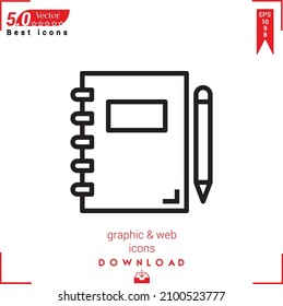 Outline notebook Icon. notebook 
icon vector isolated on white background. Graphic design, material-design, Best sellers 2022 icons, mobile application, UI UX design, EPS 10 format vector