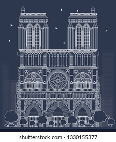Outline Notre Dame Cathedral in Paris. Vector Illustration.