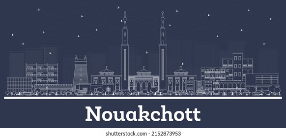 Outline Nouakchott Mauritania City Skyline with White Buildings. Vector Illustration. Business Travel and Tourism Concept with Modern Architecture. Nouakchott Cityscape with Landmarks.