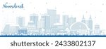 Outline Novosibirsk Russia city skyline with blue buildings. Vector illustration. Novosibirsk cityscape with landmarks. Business travel and tourism concept with modern and historic architecture.