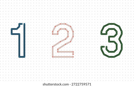 Esquema de los números uno, dos, tres. Fondo de cuadrícula punteado. Tipografía para diseño de jersey deportivo, marcador. Interfaces de App, Plantilla de interfaz de usuario de Web, carteles, ícono de educación y diseños de infografía. Etiqueta numérica