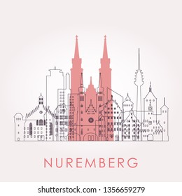 Outline Nuremberg skyline with landmarks. Vector illustration. Business travel and tourism concept with historic buildings. Image for presentation, banner, placard and web site.