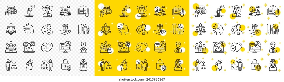 Outline Nurse, Algorithm and Business podium line icons pack for web with Fingerprint lock, Brand, Loyalty program line icon. Leadership, Businessman, Strategy pictogram icon. Vector