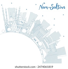 Outline Nur-Sultan Kazakhstan City Skyline with Blue Buildings and Copy Space. Vector Illustration. Nur-Sultan Cityscape with Landmarks. Tourism Concept with Modern Architecture.