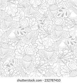 Outline oak elements seamless pattern. Black and white background