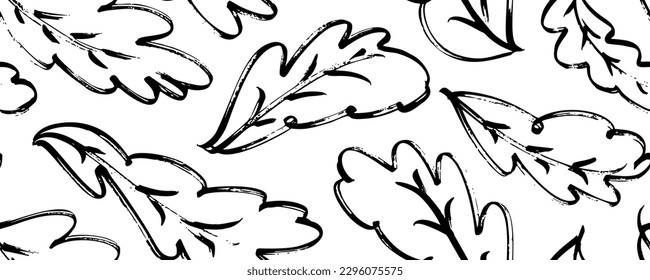 Outline oak leaves seamless pattern. Hand drawn simple botanical ornament. Brush drawn foliage pattern. Horizontal botanical banner design. Abstract black oak leaves. Scribble and scratch drawing. 