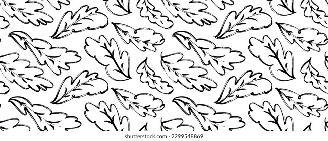 Outline oak leaves seamless pattern. Hand drawn simple botanical ornament. Brush drawn foliage pattern. Horizontal botanical banner design. Abstract black oak leaves. Scribble and scratch drawing. 