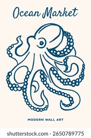Outline octopus vector illustration. Minimalist retro sea poster design with ocean creature