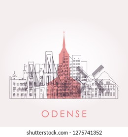 Outline Odense skyline with landmarks. Vector illustration. Business travel and tourism concept with historic buildings. Image for presentation, banner, placard and web site.