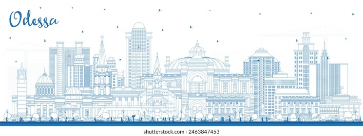 Outline Odessa city skyline with blue buildings. Vector illustration. Odesa cityscape with landmarks. Business travel and tourism concept with modern and historic architecture.