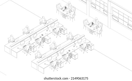 Outline of an office with working people at computers from black lines isolated on a white background. Isometric view. Vector illustration