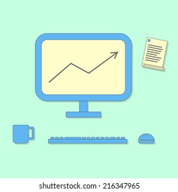 outline office workplace. concept of creative office workspace and business items for daily usage. isolated on stylish background. flat design modern vector illustration