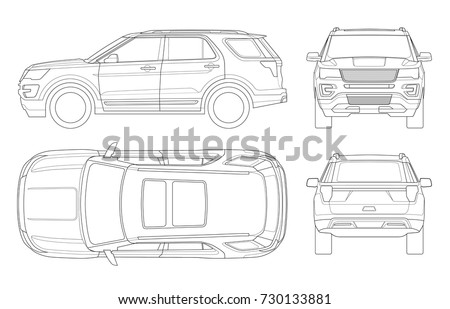 Outline Off-road write car or Modern VIP transport. Offroad truck template vector isolated car on white. View front, rear, side, top. All elements in groups on separate layers