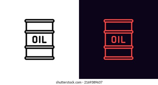 Icono de barril de aceite de contorno, con trazo editable. Silueta de barril de petróleo con texto, pictograma de comercio de petróleo. Exportación e importación de combustible, futuros de petróleo, crisis energética, comercio de divisas. Icono de vector para animación