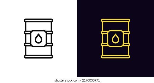 Icono de barril de aceite de contorno, con trazo editable. Barril de aceite lineal con signo de caída, pictograma de comercio de petróleo. Exportación e importación de combustible, futuros de petróleo, crisis energética, comercio de divisas. Icono de vector para animación